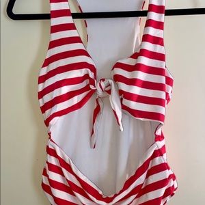 Red/White Striped One Piece Cutout Swimsuit